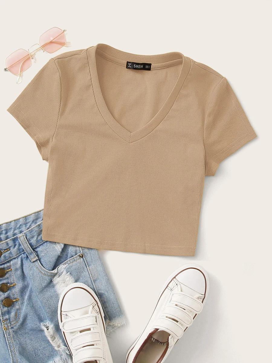 SHEIN EZwear T-shirt Rib-Knit Plain Casual - Khaki - View 1