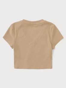 SHEIN EZwear T-shirt Rib-Knit Plain Casual - Khaki - View 2