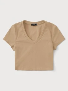 SHEIN EZwear T-shirt Rib-Knit Plain Casual - Khaki - View 3