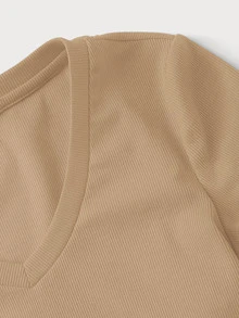 SHEIN EZwear T-shirt Rib-Knit Plain Casual - Khaki - View 5