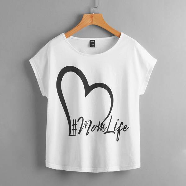 

Heart And Letter Graphic Batwing Sleeve Tee, White