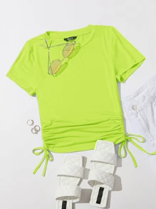 SHEIN EZwear Camiseta unicolor con cordón lateral neón - Verde - Ver 1