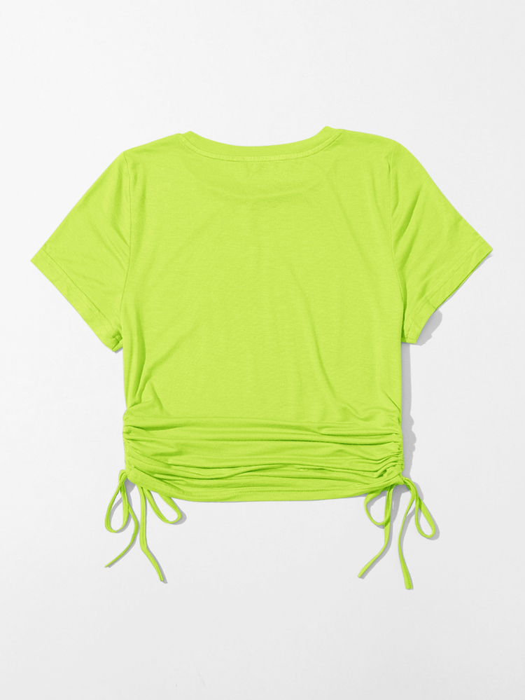 SHEIN EZwear Neon Green Drawstring Side Solid Tee - Green - View 2