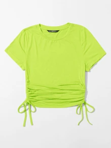 SHEIN EZwear Camiseta unicolor con cordón lateral neón - Verde - Ver 3
