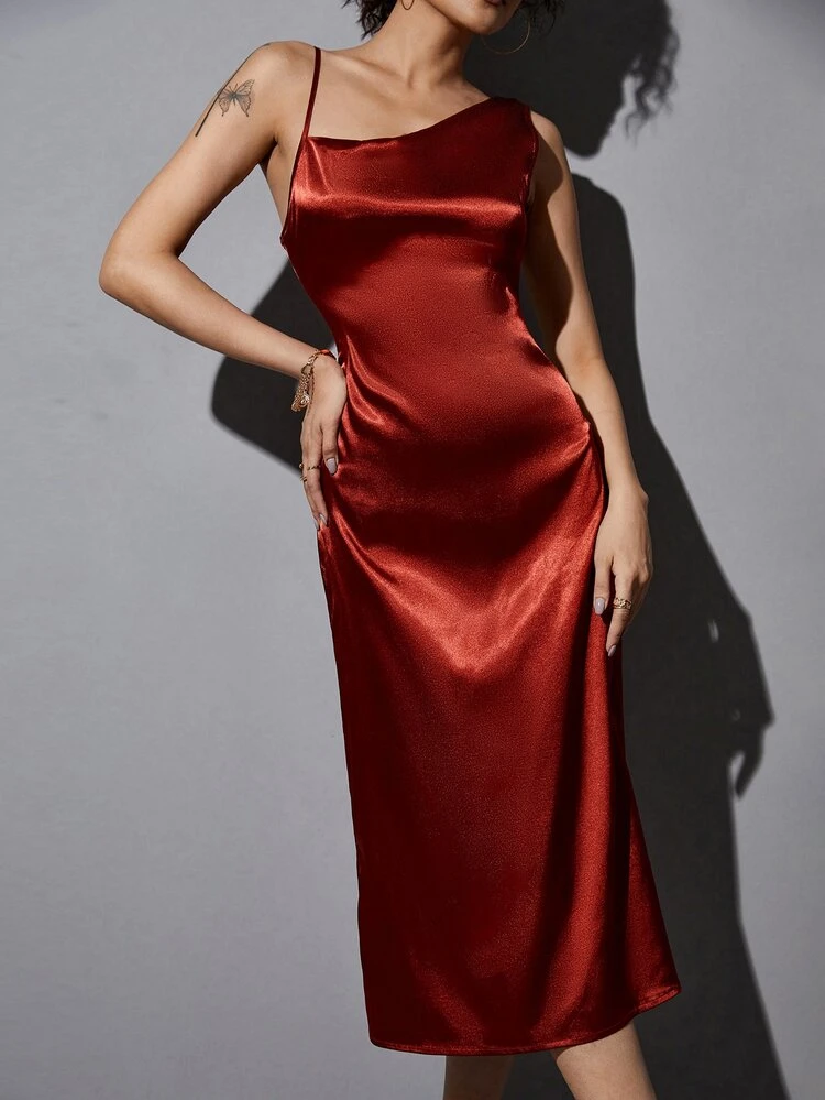 Asymmetrical Neck Midi Satin Dress | SHEIN