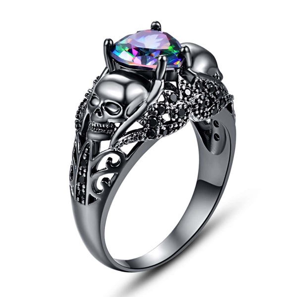 

Heart Zircon & Skull Decor Ring, Gun black