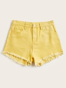 Solid Raw Hem Shorts - Yellow - View 1
