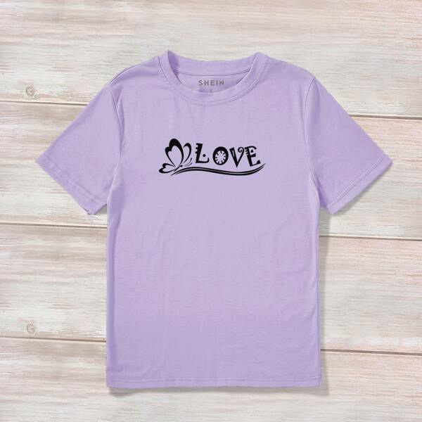 

Butterfly And Letter Graphic Tee, Lilac purple
