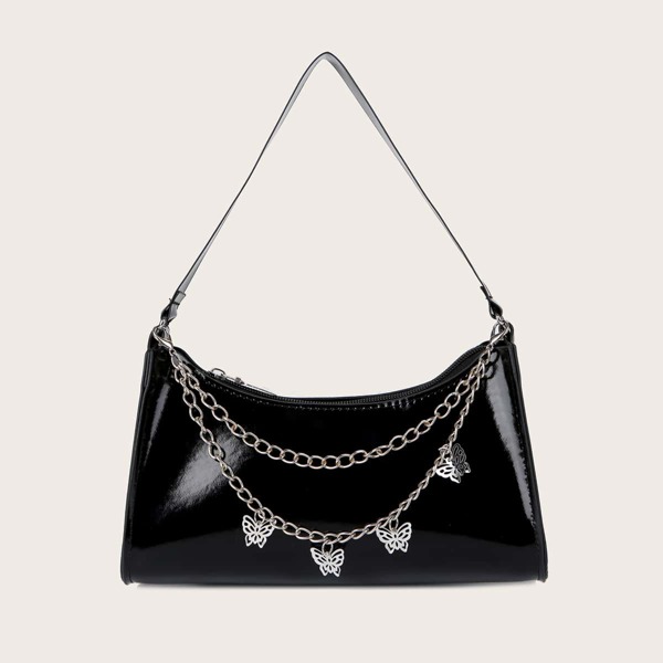 

Metal Butterfly Decor Baguette Bag, Black