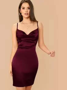 SHEIN Belle Cowl Neck Satin Cami Dress - Maroon - View 1