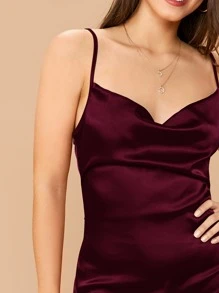 SHEIN Belle Cowl Neck Satin Cami Dress - Maroon - View 4