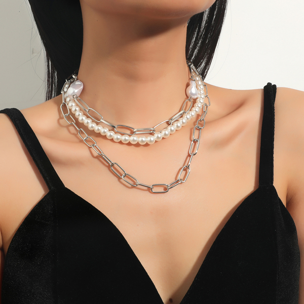 

3pcs Faux Pearl Decor Necklace, Silver