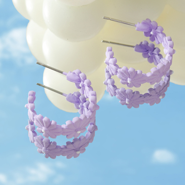 

Flower Design Open Hoop Earrings, Purple