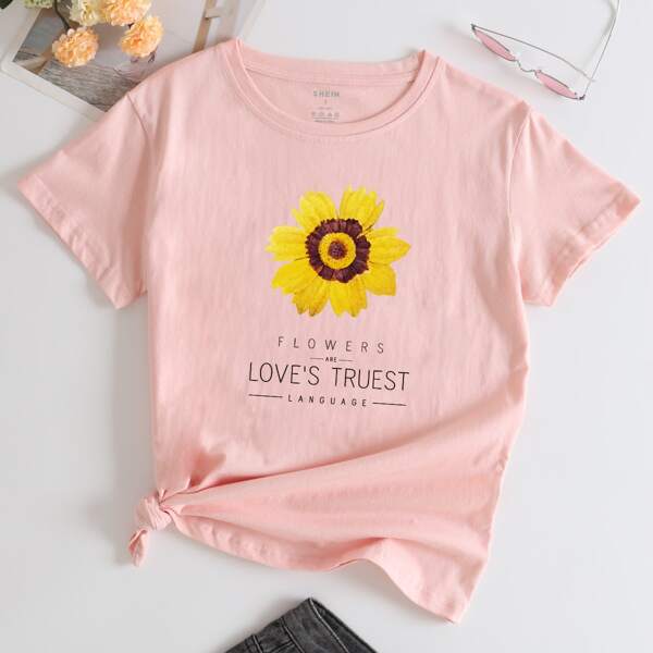 

Floral And Slogan Graphic Tee, Baby pink