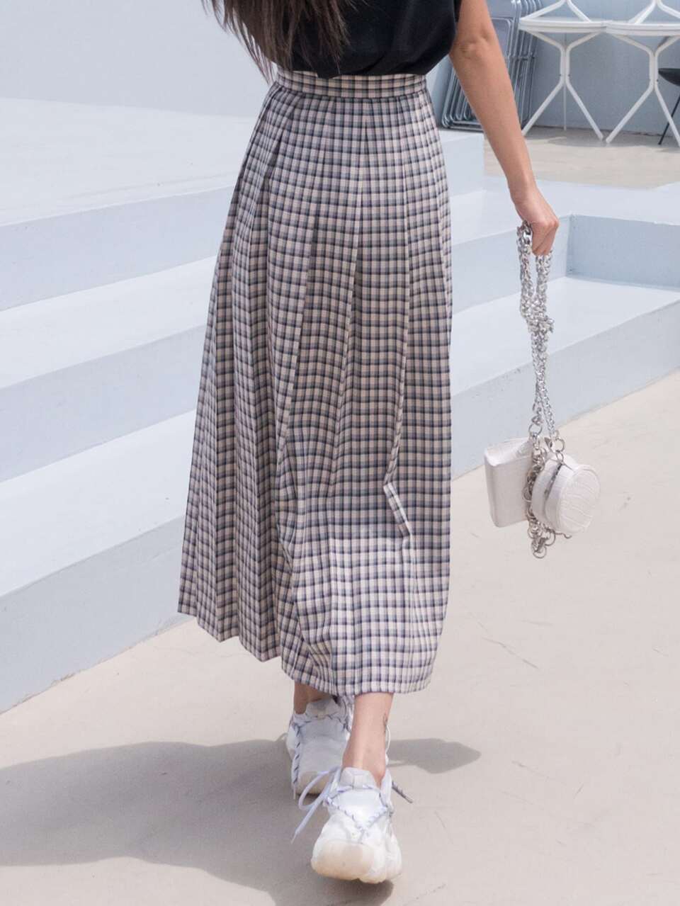 Plaid Longline Pleated Skirt