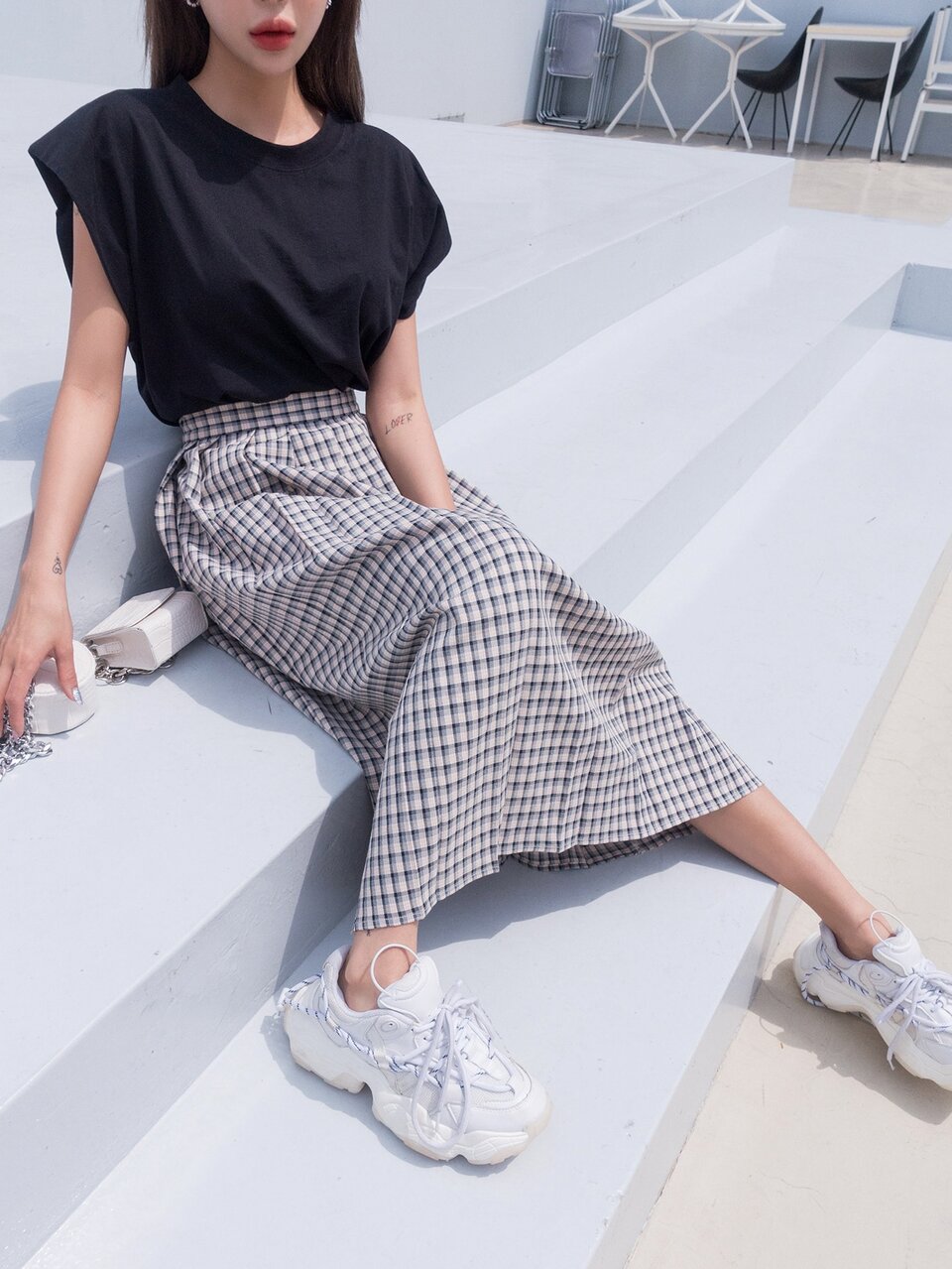 Plaid Longline Pleated Skirt
