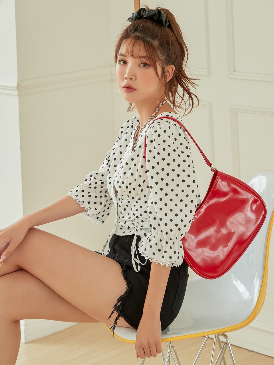 Polka Dot Drawstring Ruched Blouse
