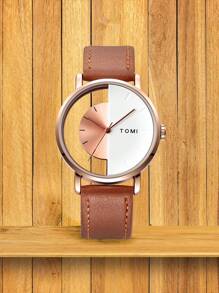 1pc TOMI Men's Minimalist Fashion See-Through Bottom Half Leather Belt, Suitable For Daily Life, Holidays, Back To School, Halloween - Rose Gold - View 2