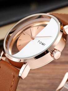 1pc TOMI Men's Minimalist Fashion See-Through Bottom Half Leather Belt, Suitable For Daily Life, Holidays, Back To School, Halloween - Rose Gold - View 3