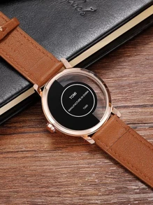 1pc TOMI Men's Minimalist Fashion See-Through Bottom Half Leather Belt, Suitable For Daily Life, Holidays, Back To School, Halloween - Rose Gold - View 4