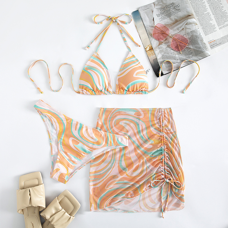 

3pack Allover Print Halter Bikini Swimsuit & Cover Up, Multicolor