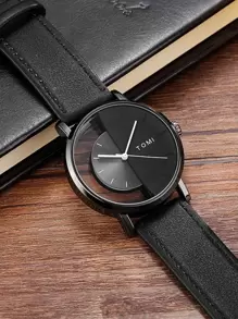 TOMI Men's Simple & Fashionable Half-See-Through Dial With Leather Strap Watch As A Gift For Students Returning To School