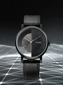 TOMI Men's Simple & Fashionable Half-See-Through Dial With Leather Strap Watch As A Gift For Students Returning To School