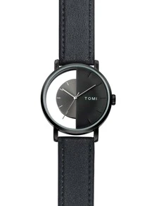 TOMI Men's Simple & Fashionable Half-See-Through Dial With Leather Strap Watch As A Gift For Students Returning To School