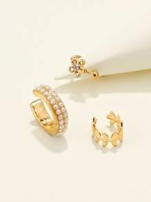 3 Piezas Puño Del Oído Con Decoración De Perlas Falsas - Amarillo Oro - Ver 3