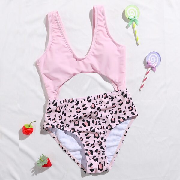 

Girls Leopard Print Cut Out One Piece Swimsuit, Pink