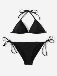 SHEIN Swim Summer Beach Halter Triangle Tie Side Bikini - Black - View 1