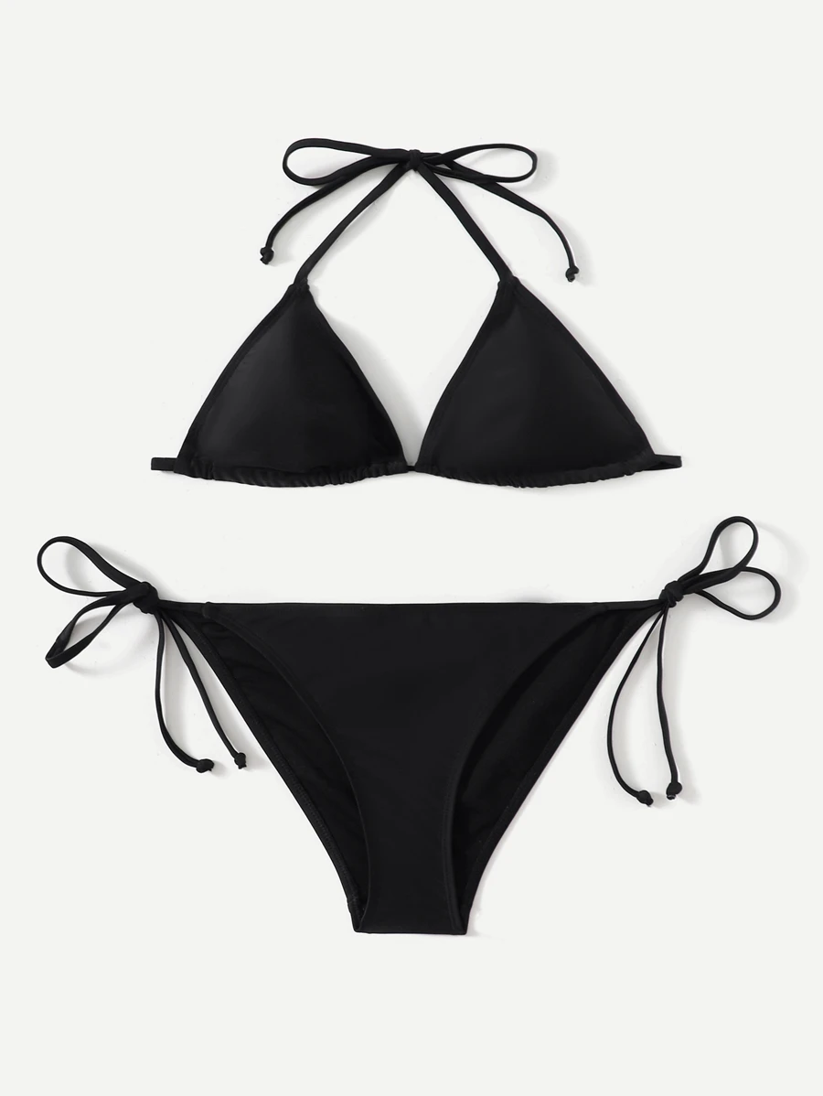 SHEIN Swim Summer Beach Halter Triangle Tie Side Bikini - Black - View 1