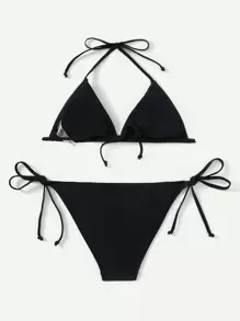 SHEIN Swim Summer Beach Halter Triangle Tie Side Bikini - Black - View 2