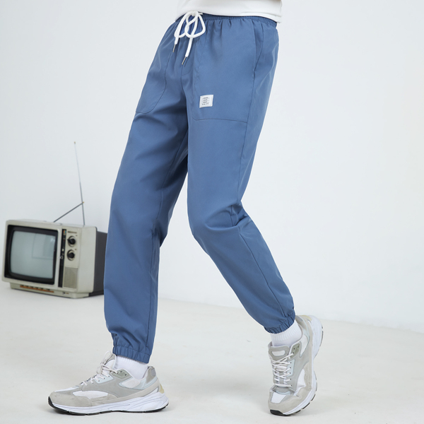 

Men Drawstring Waist Patched Detail Pants, Blue