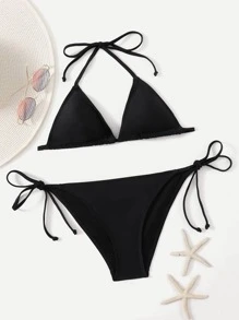 SHEIN Swim Summer Beach Halter Triangle Tie Side Bikini - Black - View 3