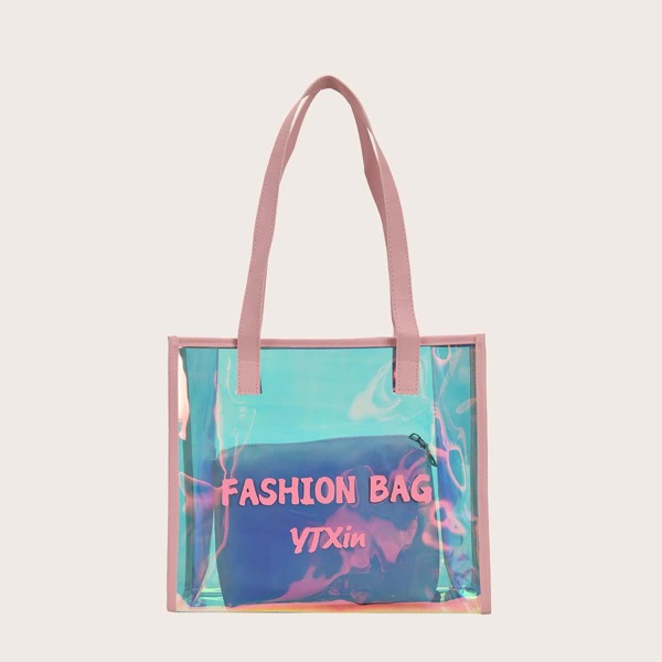 

Holographic Letter Graphic Tote Bag With Inner Pouch, Pink