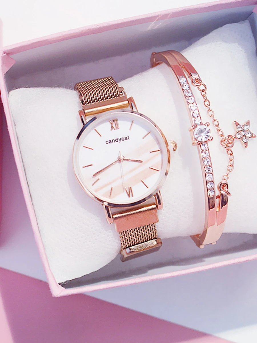 2件套 时尚个性清新网状表带石英手表和手链，适合作为生日礼物、万圣节礼物 - 玫瑰金 - 查看 1
