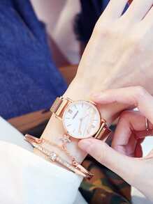 2件套 时尚个性清新网状表带石英手表和手链，适合作为生日礼物、万圣节礼物 - 玫瑰金 - 查看 4