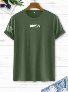 Manfinity Homme Camiseta de manga corta con estampado de letra - Verde Oscuro - Ver 1