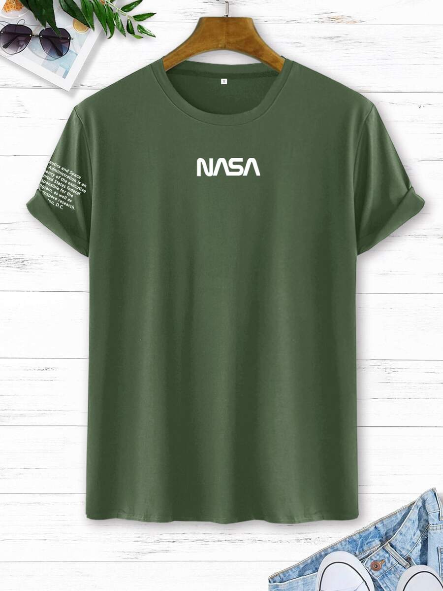 Manfinity Homme Camiseta de manga corta con estampado de letra - Verde Oscuro - Ver 1