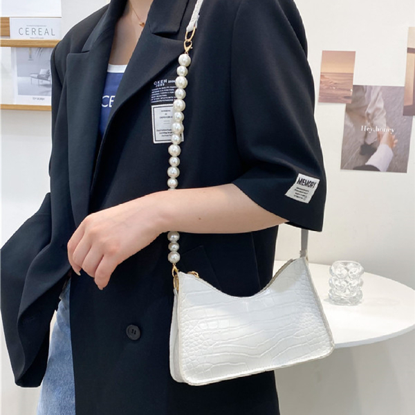 

Faux Pearl Decor Croc Embossed Crossbody Bag, White