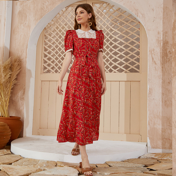 

Ditsy Floral Contrast Lace Belted Dress, Red