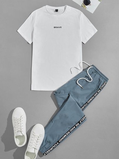 Conjunto de camiseta de manga corta con gráfico de letra de algodón y pantalones con cinta lateral para hombres, amigos, urbano, informal