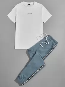Manfinity VCAY 男士棉质字母图案短袖 T 恤和侧带裤套装，朋友装，都市装，休闲装 - 藍白色 - 查看 4
