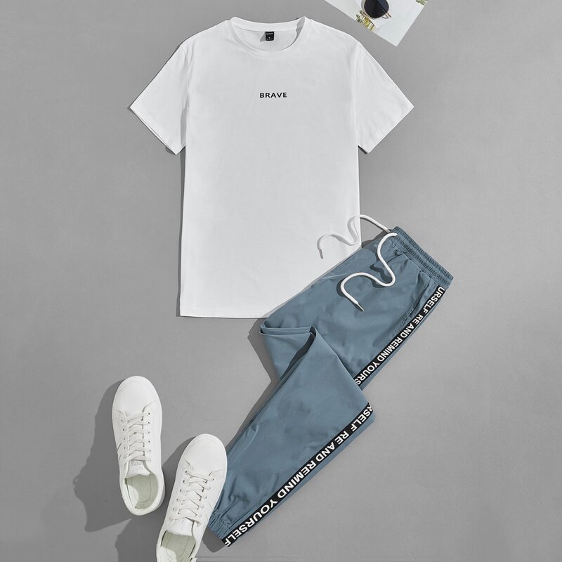 

Guys Letter Graphic Tee And Tape Side Pants Set, Blue and white