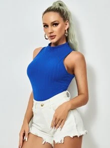 SHEIN Essnce Mock-Neck Rib-knit Tank Top - Royal Blue - View 4