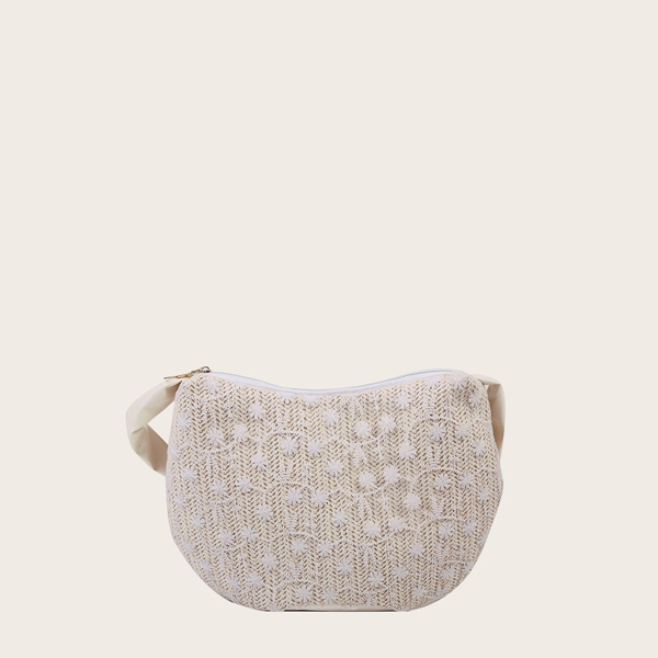 

Girls Floral Embroidery Straw Bag, Beige