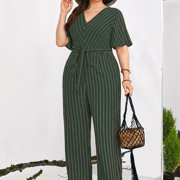 

Plus Striped V-neck Belted Jumpsuit, Dark green