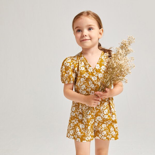 

Toddler Girls 100% COTTON Allover Floral Print Puff Sleeve Romper, Multicolor