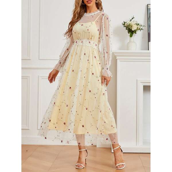 

Floral Mesh Overlay Ruffle Neck Dress, Yellow